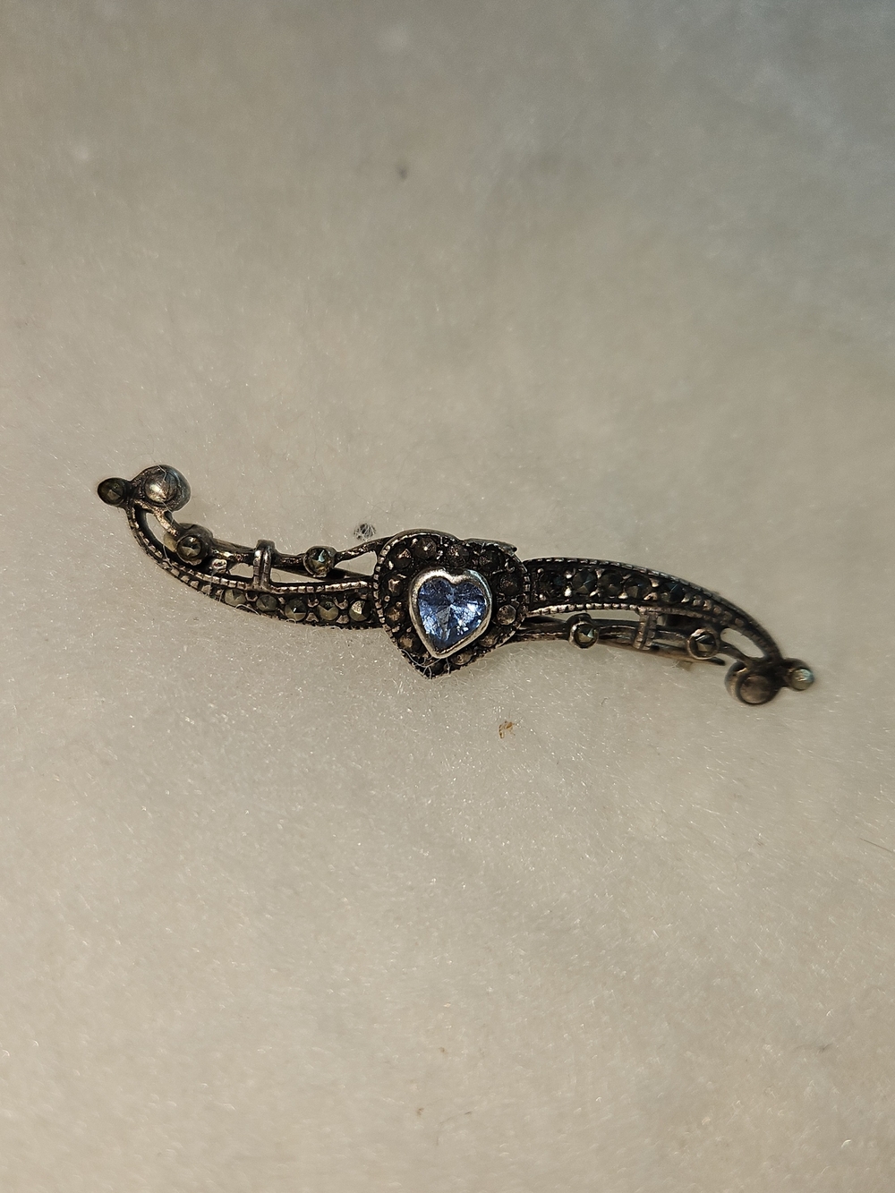 Vintage Sterling Silver, Marcasite & Blue Heart Accent Bar Brooch